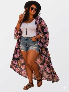 Torrid Tiger & Floral High-Low Kimono Cover Up Size 3/4 NWT Boho Festival